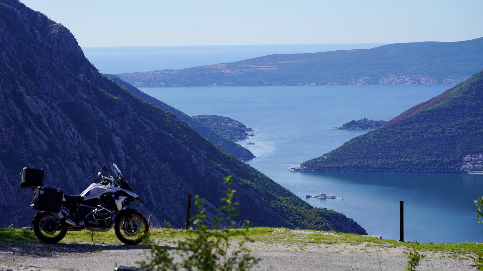 BMW GS motorcycle with scenic view to Kotor Bay